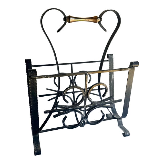 Vintage Mid-Century Wrought Iron Magazine Rack With Brass Handle – Elegant Decorative Storage For Sale