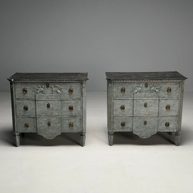 Gustavian (Swedish) Gustavian, Swedish Commodes, Blue Paint Distressed, Brass, Sweden, 19th C. For Sale - Image 3 of 12