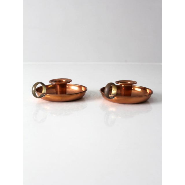 Metal Vintage Copper and Brass Chamberstick Candlesticks Pair For Sale - Image 7 of 15