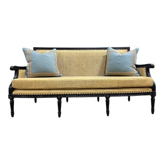 Linen Bench Settee With Custom Painted Finish and Custom Pillows For Sale