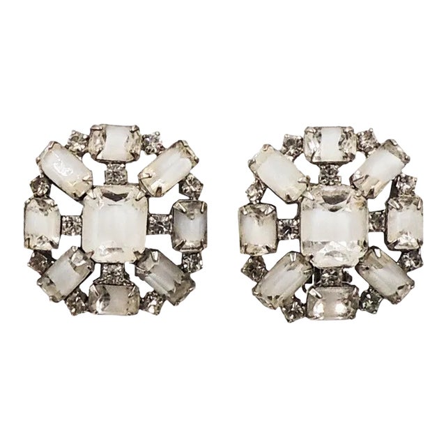 Vintage 1960s Kramer Rhodium Plated White Givre Clip Earrings - 2 Pieces For Sale
