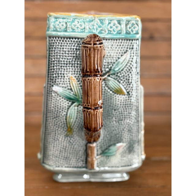 Late 19th Century Victorian Majolica Aesthetic Movement Pitcher — Birds, Fans & Bamboo Handle c.1880 For Sale - Image 5 of 12