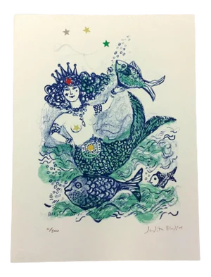 Mid Century Modern Unframed Mermaid Queen Judith Bledsoe Hand Signed Lithograph