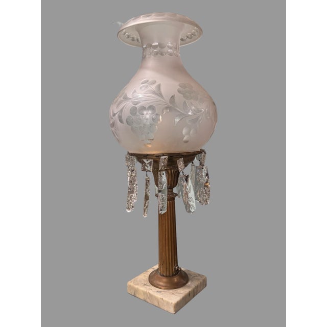 Antique Victorian Gilt Metal Astral Solar Lamp Frosted Grape Etched Shade With Prisms For Sale - Image 11 of 11