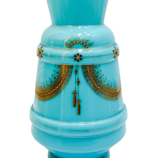 Antique 19th Century French Blue Celeste Opaline Glass Vase With Hand-Painted Jeweled Enamel For Sale - Image 4 of 9