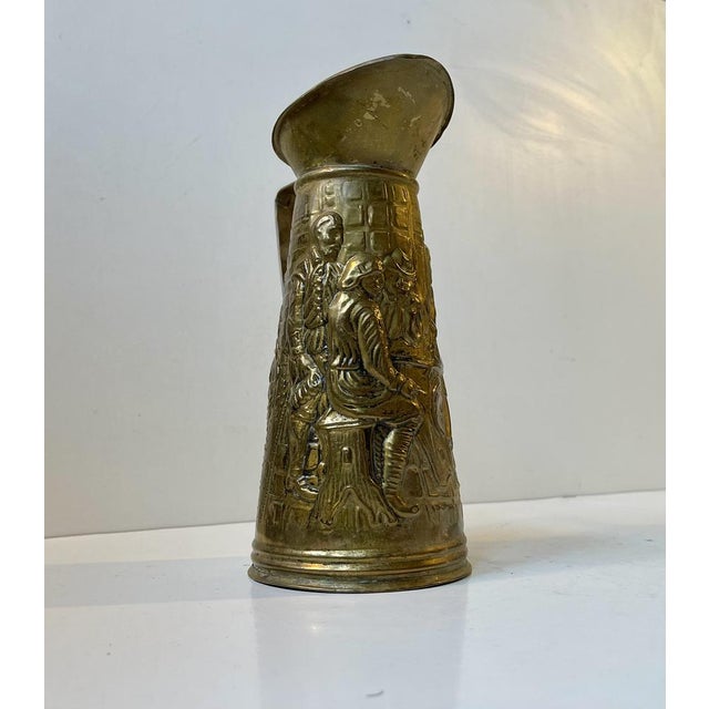 English Brass Pitcher with Medieval Embossed Micro-Cosmos, 1950s For Sale - Image 4 of 10
