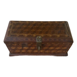 Antique Rectangle Intricate Parquetry Wooden Jewelry Desk Dresser Box For Sale