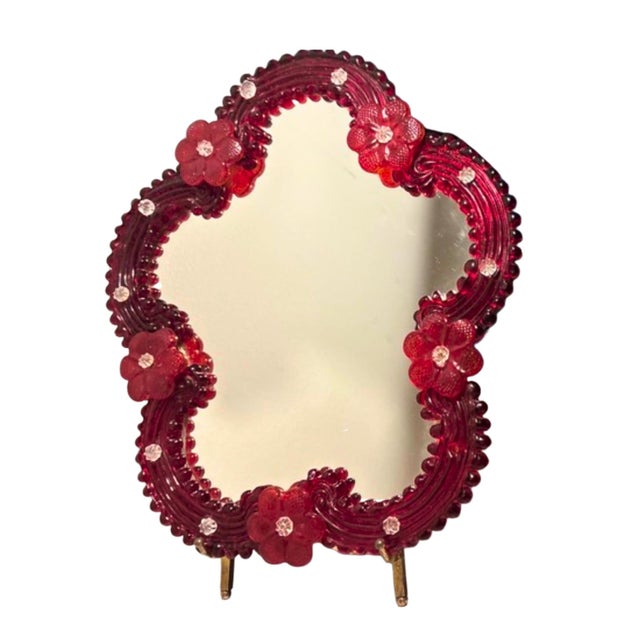 Vintage Red Floral Venetian Murano Glass Table Mirror For Sale - Image 10 of 10