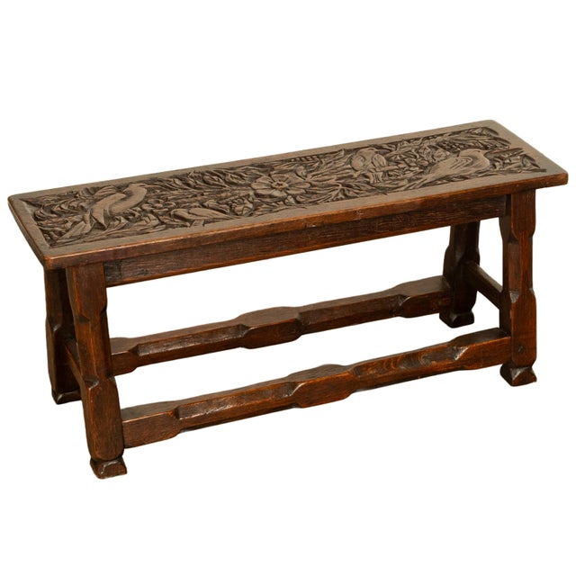 Antique English Carved Oak Arts & Crafts Hall Bench Seat 'Birds in a Tree' 1900 For Sale In Portland, OR - Image 6 of 14