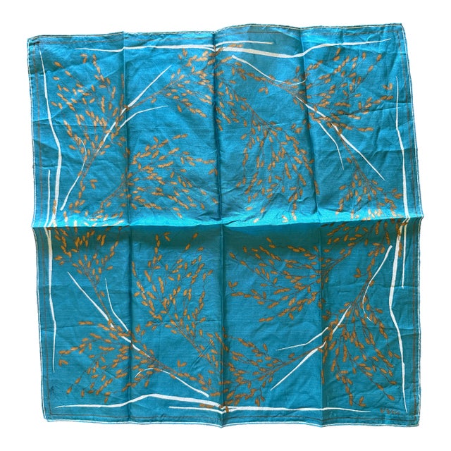 Vintage Vera Neumann Pure Silk Scarf, Turquoise and Bronze Botanical Print, Signed Vera, 16" X 16" For Sale
