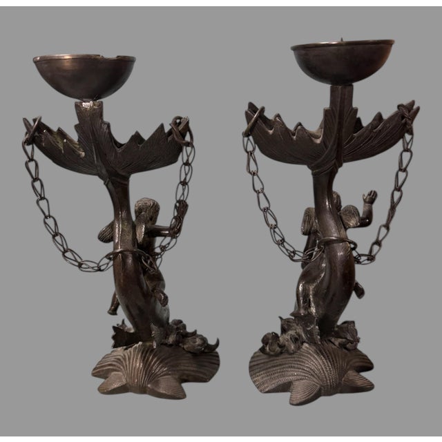 Pair Antique Cast Metal Figural 9.5" Pricket Candlesticks Cherubs Riding Dolphins For Sale - Image 4 of 7