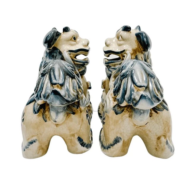 Ceramic Contemporary Chinese Blue & White Chinese Foo Dogs - A Pair For Sale - Image 7 of 10