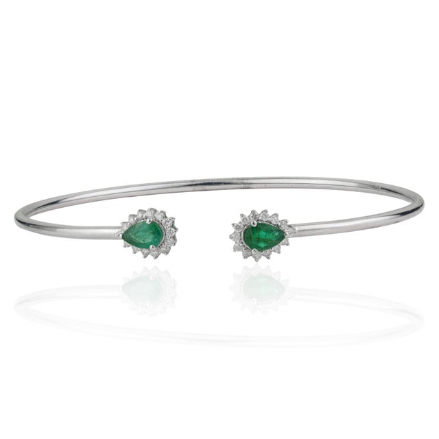 Contemporary Contemporary Twin Emerald & Diamond Halo Open Cuff Bangle Bracelet in Sterling Silver For Sale - Image 3 of 11