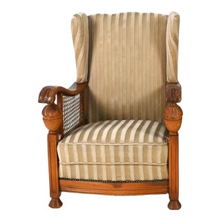 1940s Dutch Art Deco Mohair Carved Wood Lounge Chair For Sale