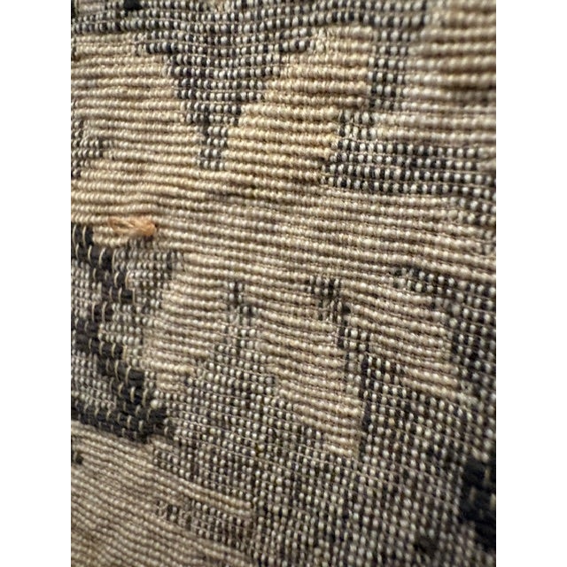 19th century handmade linen tapestry of a pastoral cottage in peach and green somewhat faded with age. It is ready to hang...