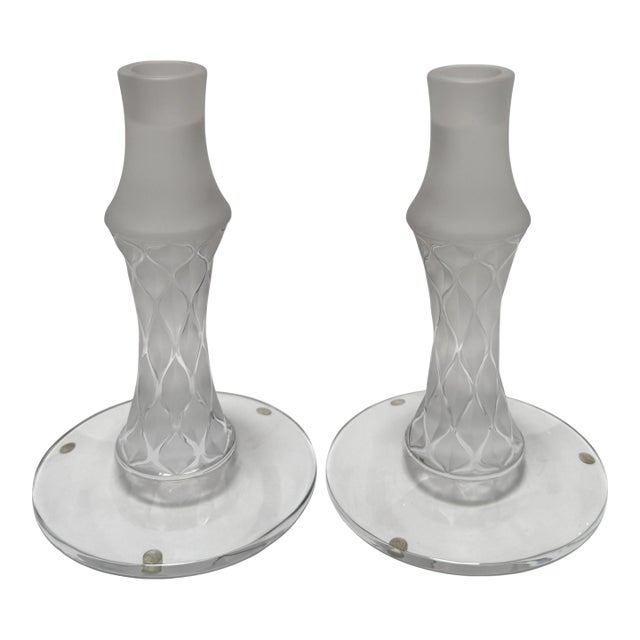 Pair of Signed Lalique French Crystal Candlesticks For Sale