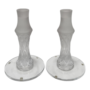 Pair of Signed Lalique French Crystal Candlesticks