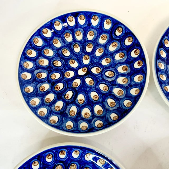 Navy Blue 1980s Vintage Boho Chic Boleslawiec Polish Pottery Salad Plates, Original Peacock - Set of 6 For Sale - Image 8 of 9