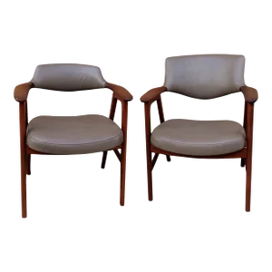 1950s Midcentury His and Hers Walnut Leather Armchairs by Gunlocke - Set of 2