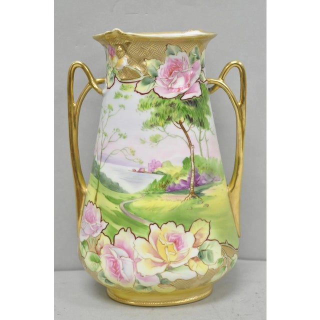 Antique Nippon Hand Painted Porcelain Twin Handle Vase W /Flowers & Lake Scene For Sale - Image 15 of 15