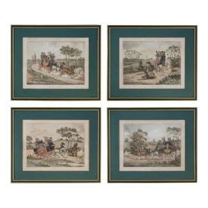 19th Century Coaching Lithograph Set of 4 After Henry Alken Framed Wall Art English Traditional Decor Satirical Art