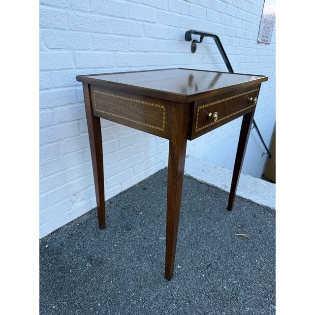 Vintage Pair of Federal Style Inlaid Mahogany Single Drawer Side Tables For Sale - Image 10 of 10