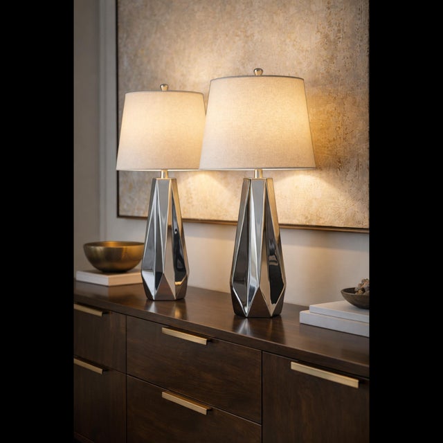 Chrome Faceted Table Lamps with Neutral Shades from Justfurnituress SRL, Set of 2 For Sale - Image 14 of 17