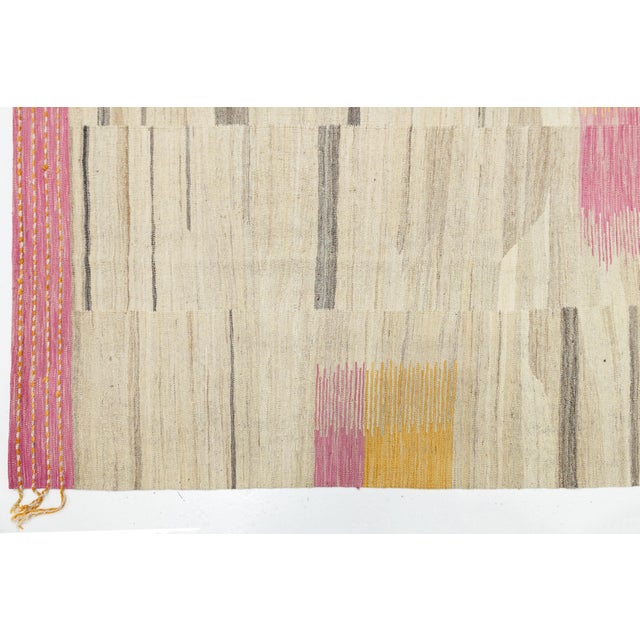 Rose Contemporary Minimalist Wool Kilim Rug With Abstract Ikatesque Accents in Rose For Sale - Image 8 of 12