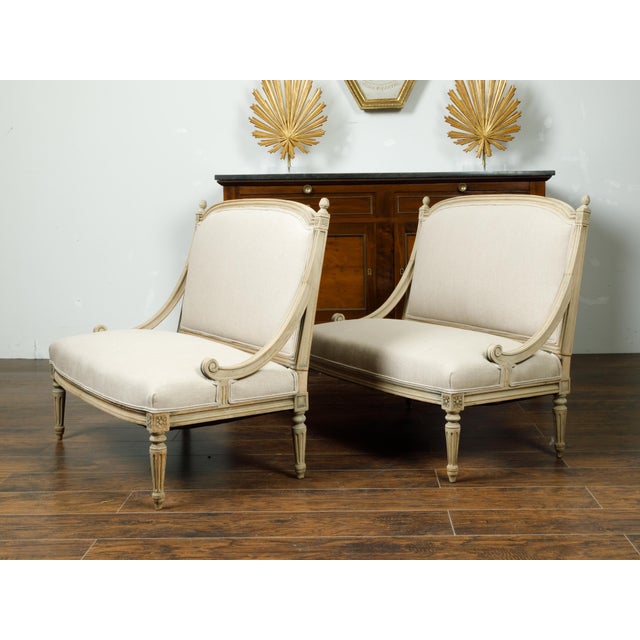 Cream Pair of French 1900s Louis XVI Style Walnut Settees with Scrolling Arm Supports For Sale - Image 8 of 8