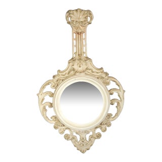 1960 Italian Art Nouveau Style Hand Carved Hand Painted Gilded Round Mirror For Sale