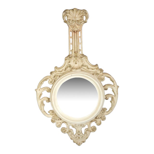 1960 Italian Art Nouveau Style Hand Carved Hand Painted Gilded Round Mirror For Sale