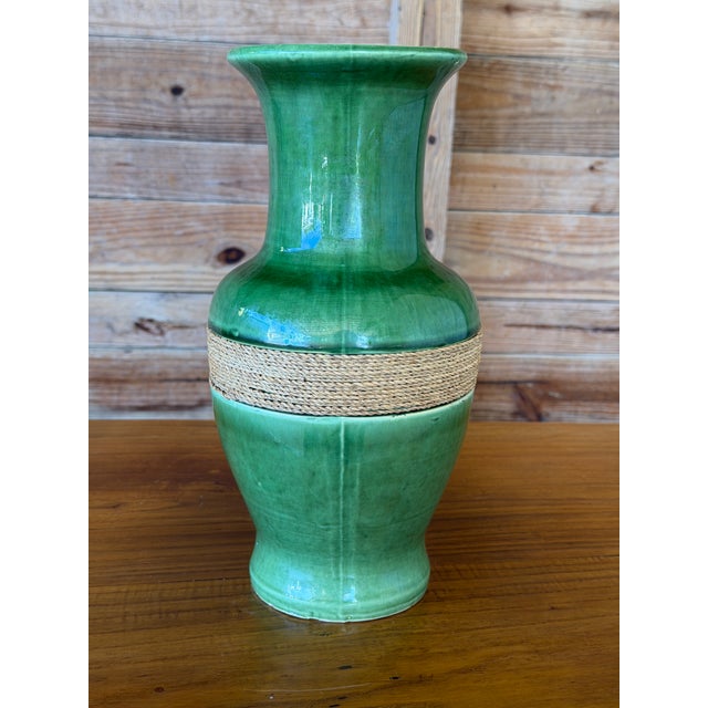 Vintage Green Glazed Ceramic Vase With Natural Fiber Wrap For Sale - Image 11 of 11
