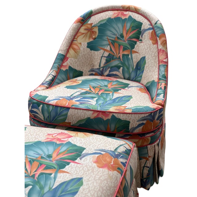 Cream 1980s Pair Palm Beach Style Slipper Chairs and Ottoman For Sale - Image 8 of 18