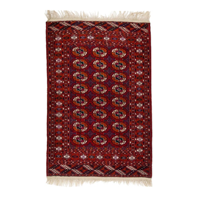 1960s Vintage Persian Turkman Red Handmade All-Over Medallion Wool Rug For Sale