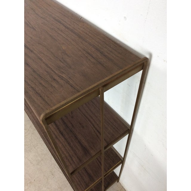 Mid Century Modern Four Shelf Bookcase With Faux Wood Print and Brass Accents For Sale In Philadelphia - Image 6 of 12