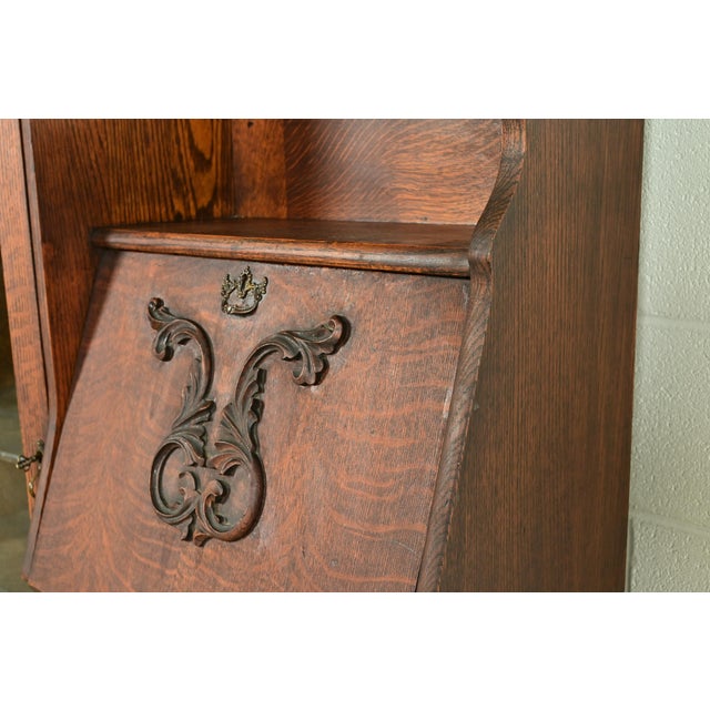 Early Baker Furniture Antique Victorian Carved Tiger Oak Side-by-Side Bookcase With Drop Front Secretary Desk, Circa 1900 For Sale - Image 10 of 17