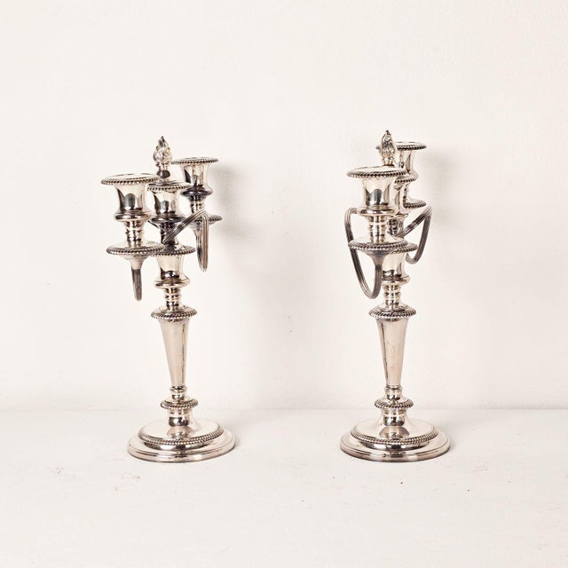 Traditional Pair of Ellis Barker Silver Plated Two-Arm Candelabra, England Circa 1920. Two Pairs Available For Sale - Image 3 of 8
