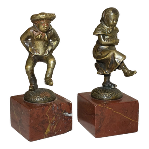 Pair of Antique Bronze Marble Miniature Boy Gild Children Dancing Bronze Statue