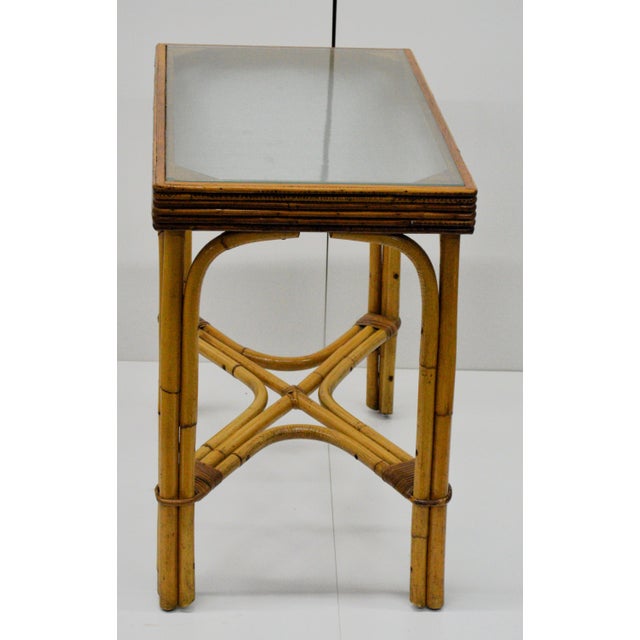 Mid-Century Modern 1950s Bamboo Bentwood Rattan Strand Glass Top X Base Console Accent Table For Sale - Image 3 of 11