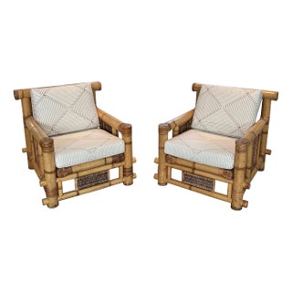 1970s Pair of Large Bamboo Armchairs With Pierre Frey Cushions For Sale