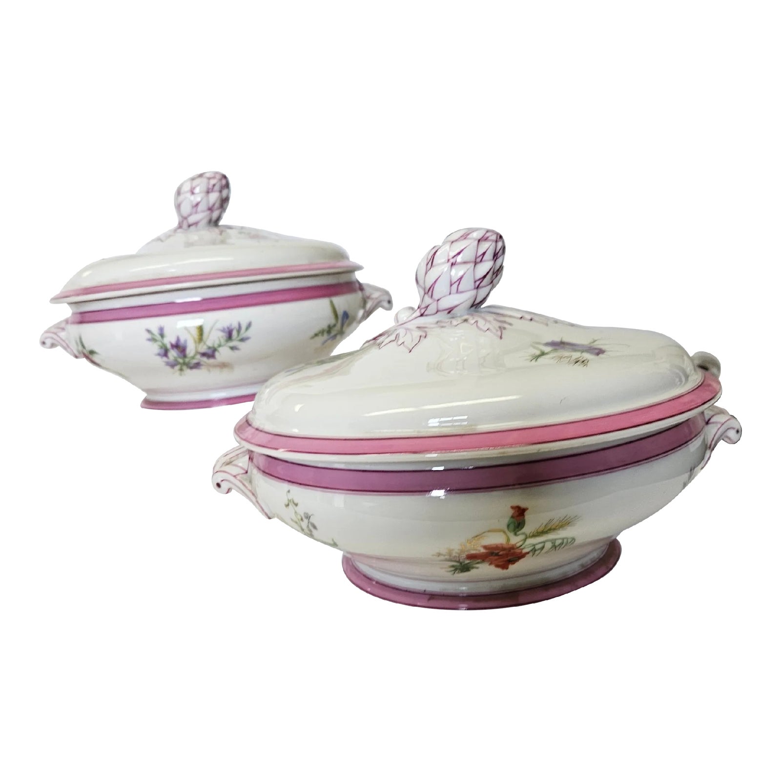 Antique Old Paris Round Tureens With Painted Wildflowers and Rasberry ...