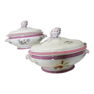 Antique Old Paris Round Tureens With Painted Wildflowers and Rasberry Banding - a Pair