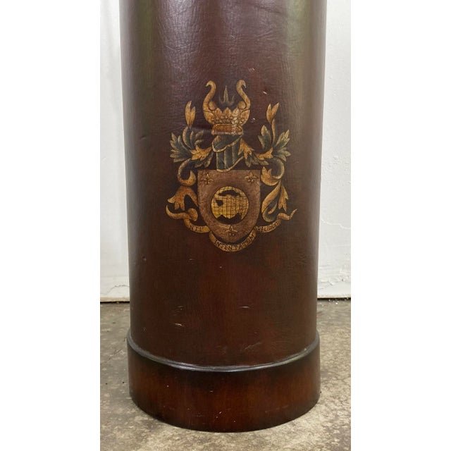 Metal Vintage Royal Crest Leather Umbrella Stand With Handle For Sale - Image 7 of 10