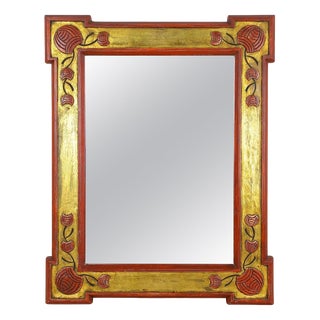 Art Nouveau Gilt and Red Wall Mirror with Floral Carvings, 1900s For Sale