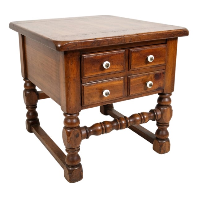 Mid 20th Century Mahogany End Table / Nightstand With One Drawer & Bobbin-Turned Legs – Classic English Country For Sale