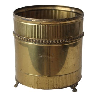 English Regency Style Vintage Brass Planter Wastebasket Bead Detail Footed For Sale