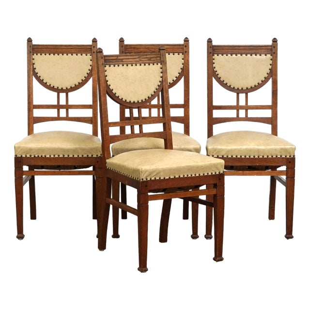 Antique Art Nouveau Style Dining Chairs with Light Skai Leather Upholstery, Set of 4 For Sale