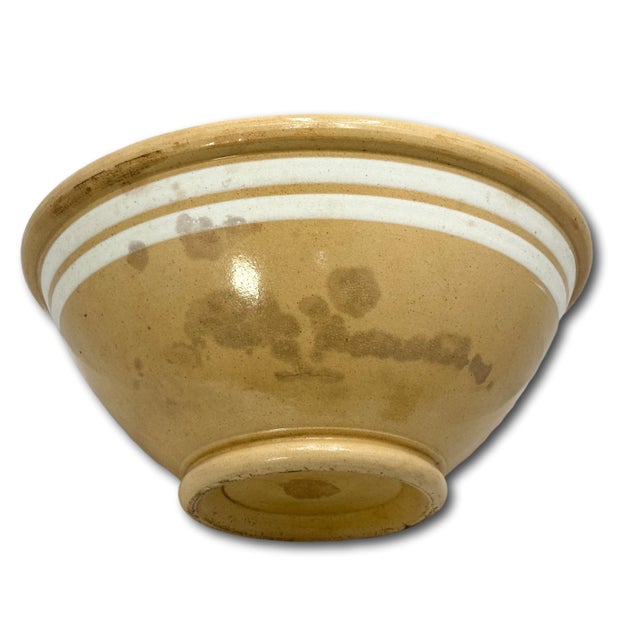 Antique Large Thick & Heavy 15 Inch Size Double Cream Banded Yellow Ware Kitchen Mixing Bowl Circa Mid 1800s For Sale - Image 11 of 18
