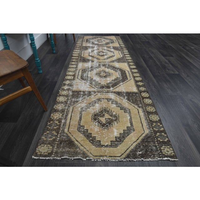 1970s Vintage Turkish Handmade Wool Cotton Brown Runner Rug For Sale - Image 4 of 11