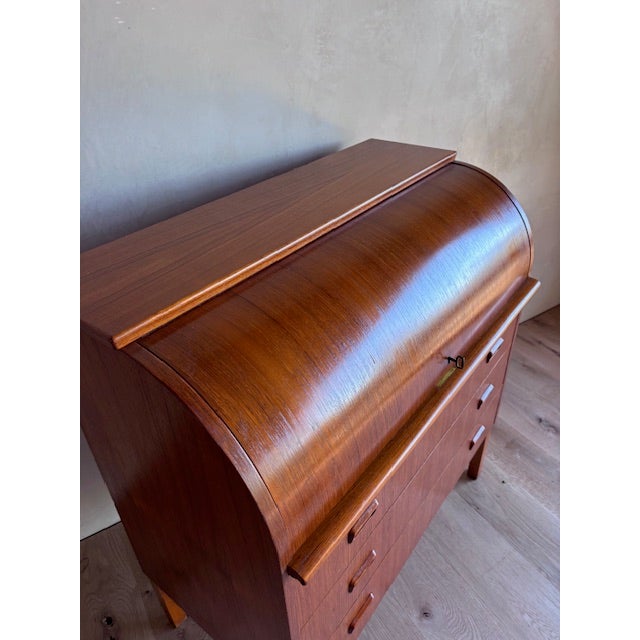 Mid-Century Teak Rolltop Secretary Desk Signed Egon Ostergaard With Label Made in Sweden For Sale - Image 9 of 17